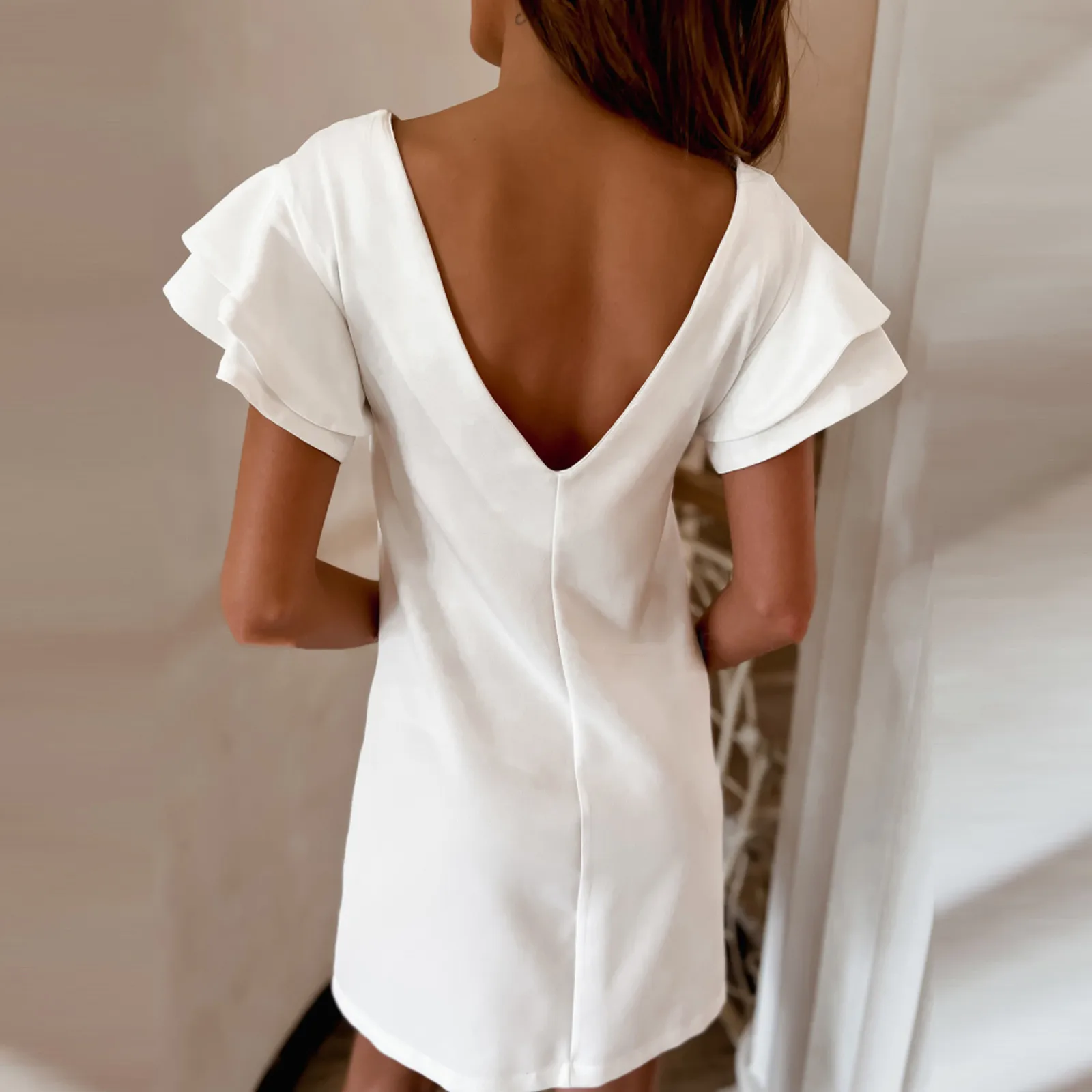 فستان صيفي حريمي غير رسمي موضة لون سادة كم قصير فستان فضفاض أنيق للسيدات فساتين حفلات رفيعة فساتين رداء #4