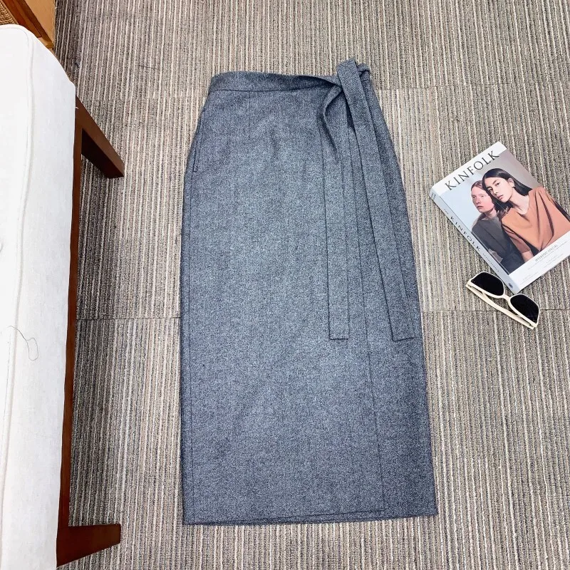 EAEOVNI Elegante Wollen Lange Rok Voor Vrouwen Lace-up Verzamelde Taille Effen Kleur Een Lijn Lange Rokken Mode 2026 nieuwe Kleding