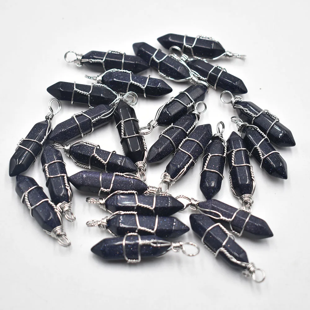 

Wholesale 24pcs/lot fashion blue sand stone pillar shape point handmade iron wire pendants for jewelry making free shipping