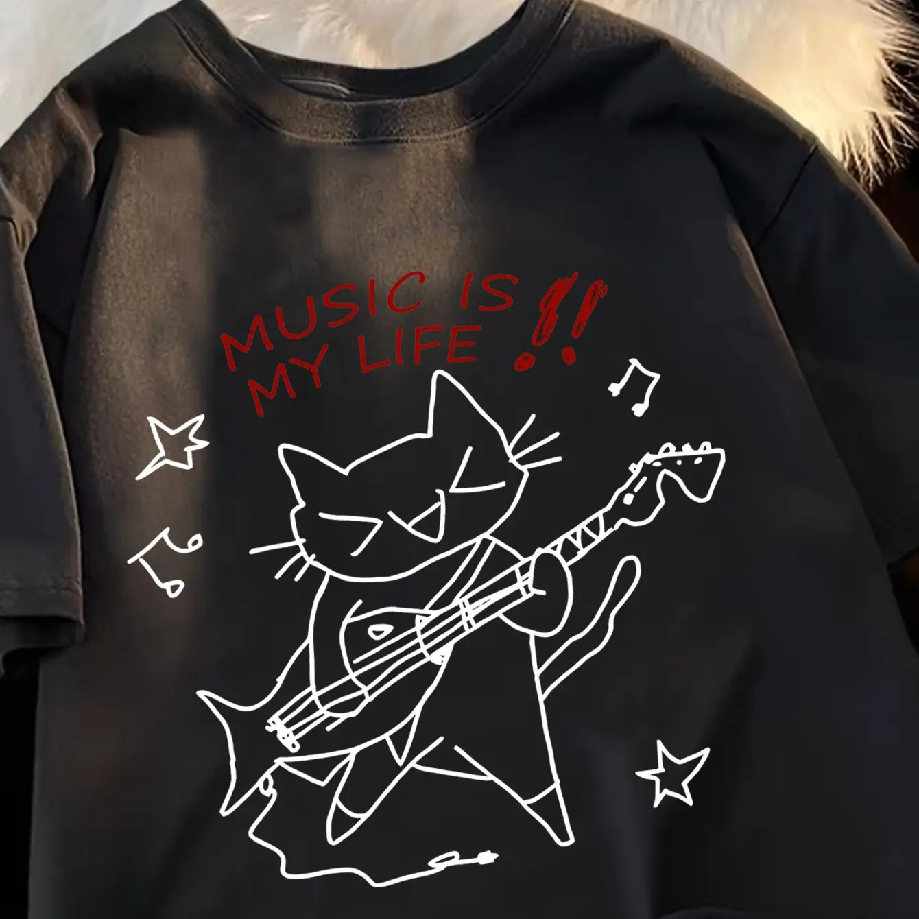 Line Drawing Rock Cat Playing Electric Guitar T-shirt Music Is My Life Slogan Cotton Unisex Oversized Tee