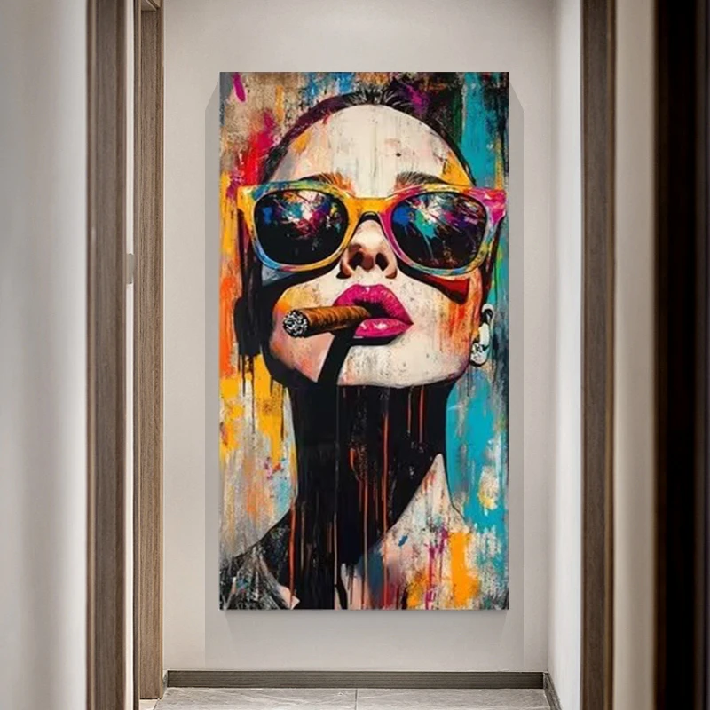 Woman Smoke Cigar Poster Prints Abstract Colorful Graffiti Portrait Canvas Painting Wall Art Picture for Living Room Home Decor