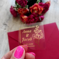 Personalized 50pcs Wedding Stickers for Favors Gold Clear Wedding Stickers with Luxury Square Round Labels Bridal Party Decor