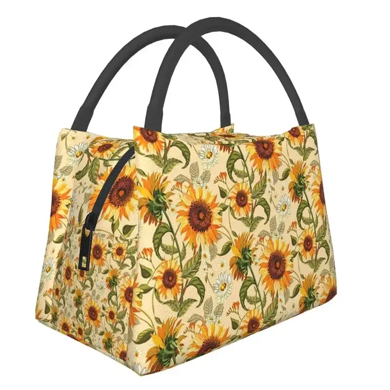 

70s Vintage Golden Sunflowers Insulated Lunch Bags for Work Office Retro Flowers Pattern Cooler Thermal Lunch Box Women