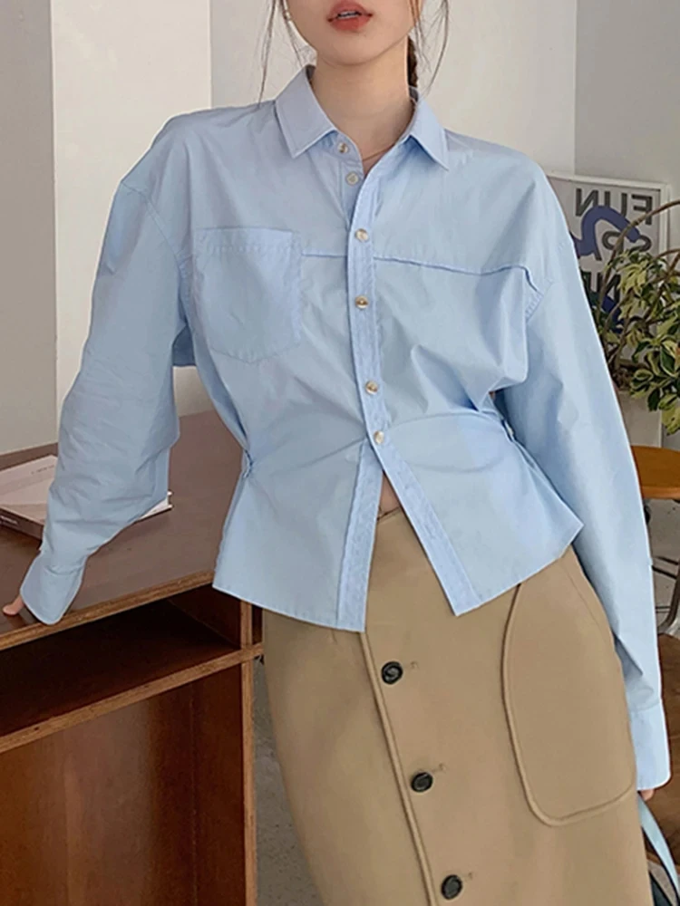 New Solid Color French Style Blue Shirt with Chic Pockets Simple Office Ladies Fashion Single Breasted Female Shirts Slim Waist