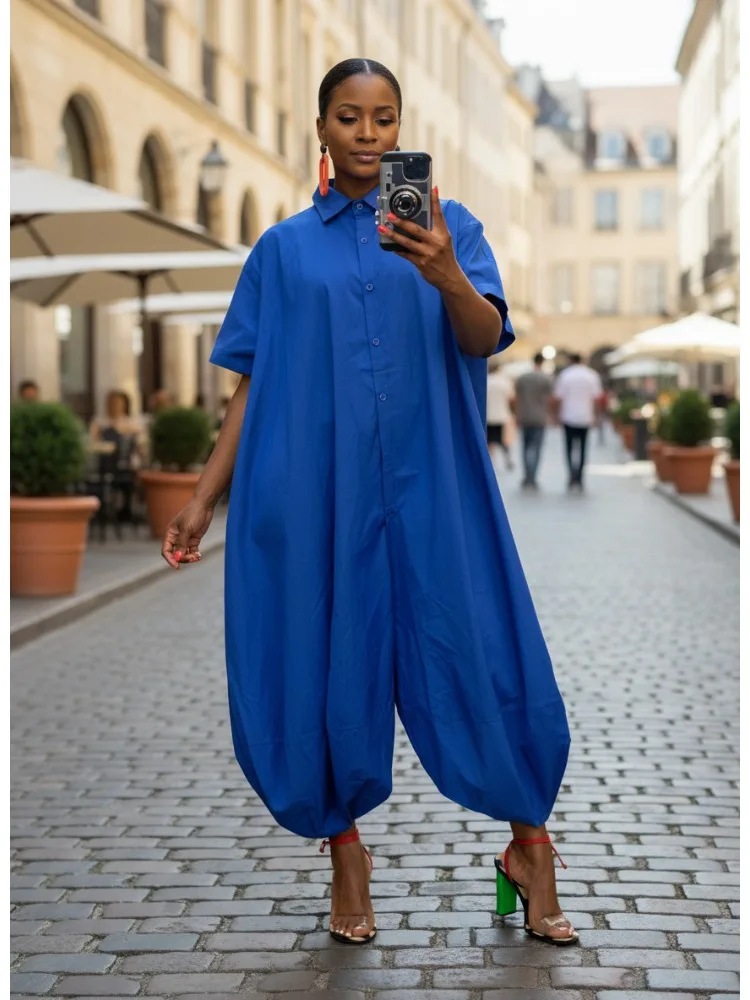 

Women's Solid Color Oversized Coveralls Short Collar Short Sleeves Buttoned Jumpsuit 2025 Summer Stylish Streetwear Outfits