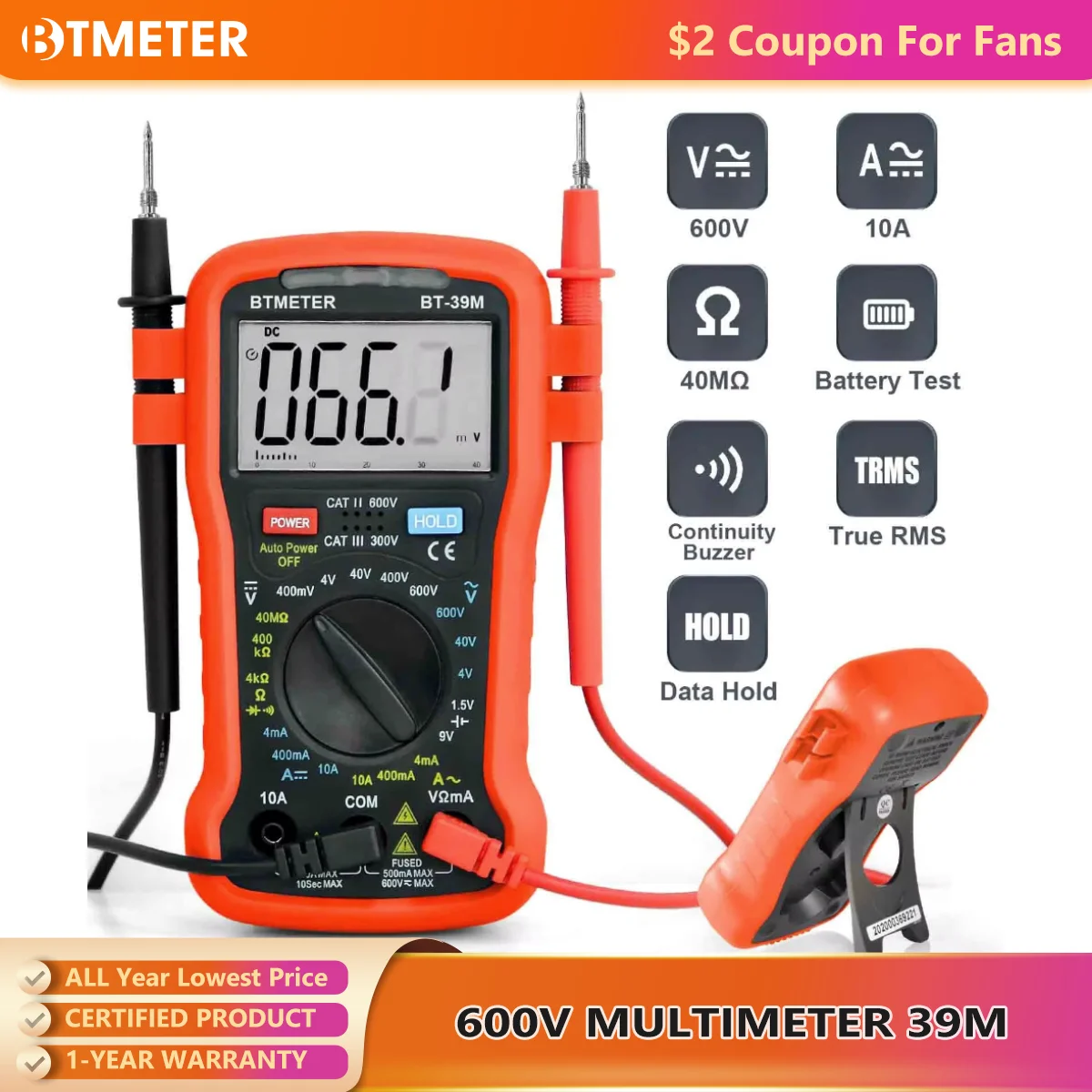 BTMETER Multimetr cyfrowy Tester elektryczny, 4000 zliczeń TRMS woltomierz AC DC prąd omomierz z brzęczykiem ciągłości, BT-39M