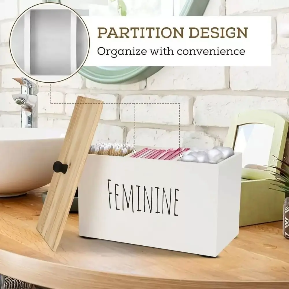 

Wooden Cotton Pads Storage Box with Lid 1/3 Grids Tampon Holder Dust Proof Large Capacity Lady Pad Storage Container Bathroom