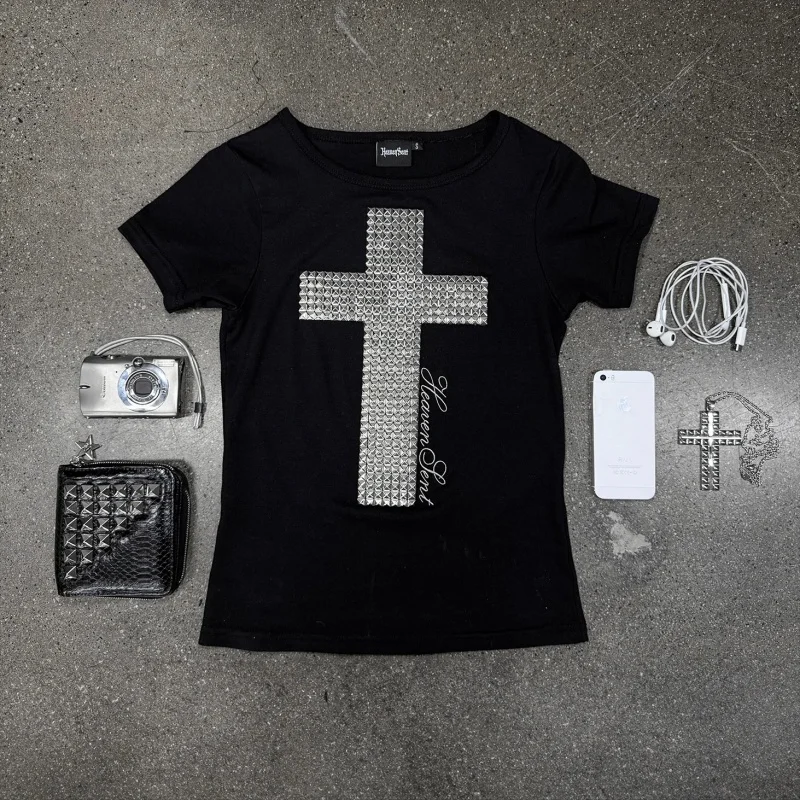 Sommer Neuer Europäischer und Amerikanischer Trendiger Street-Style Personalisiertes Slim-Fit Diamant-Kreuz Vielseitiges T-Shirt Top