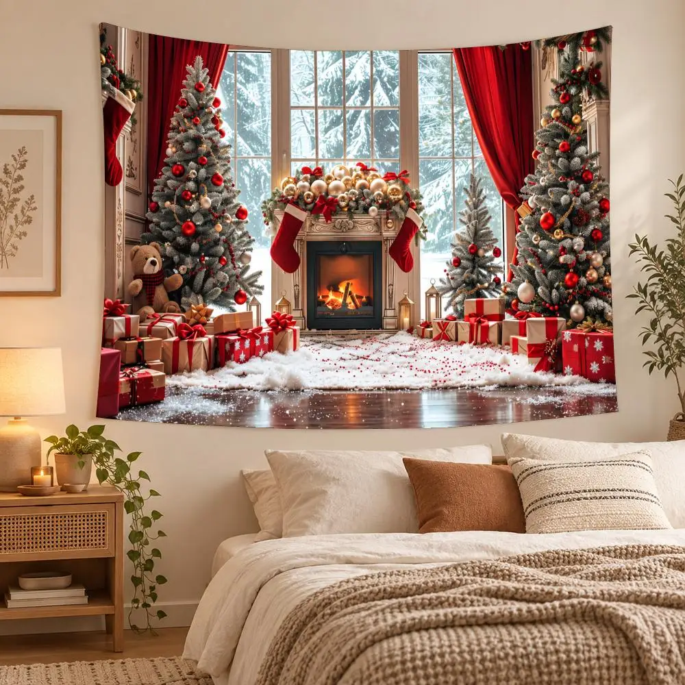 Christmas Fireplace And Stockings Tapestry Custom Living Bedroom Party Dormitory Interior Wall Bohemian Decoration Attached Clip