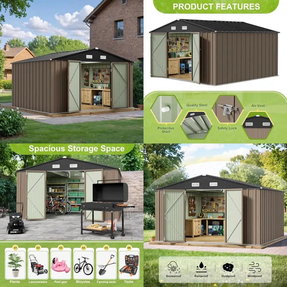 

Большой металлический навес для хранения на открытом воздухе — навес для садовых инструментов 8x10 для газона на заднем дворе и патио (коричневый)