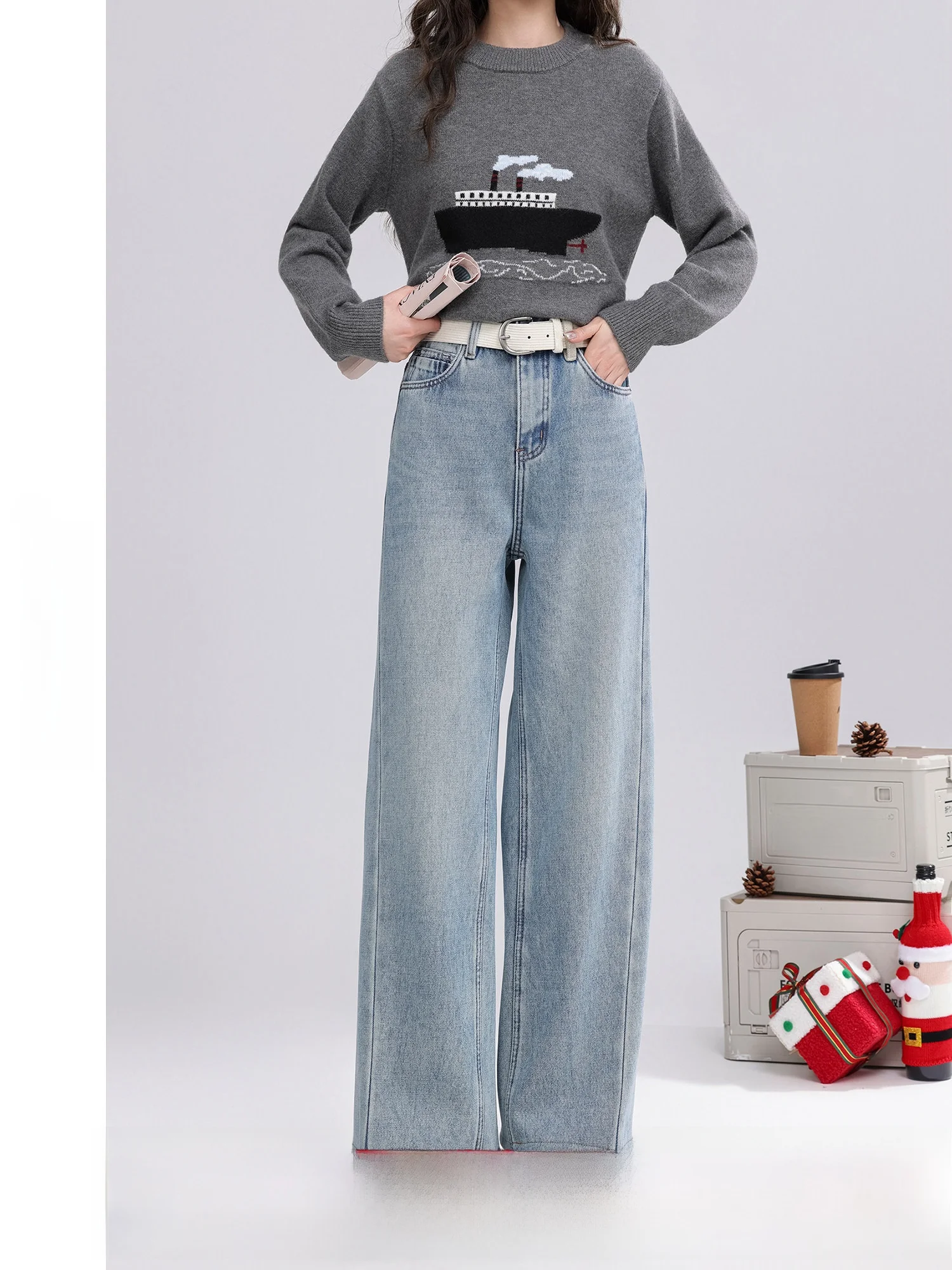 

Retro Blue Fleece Lined Straight Leg Jeans Women's Winter Warm High Waist Zipper Fly Classic Blue Denim Pants for Women