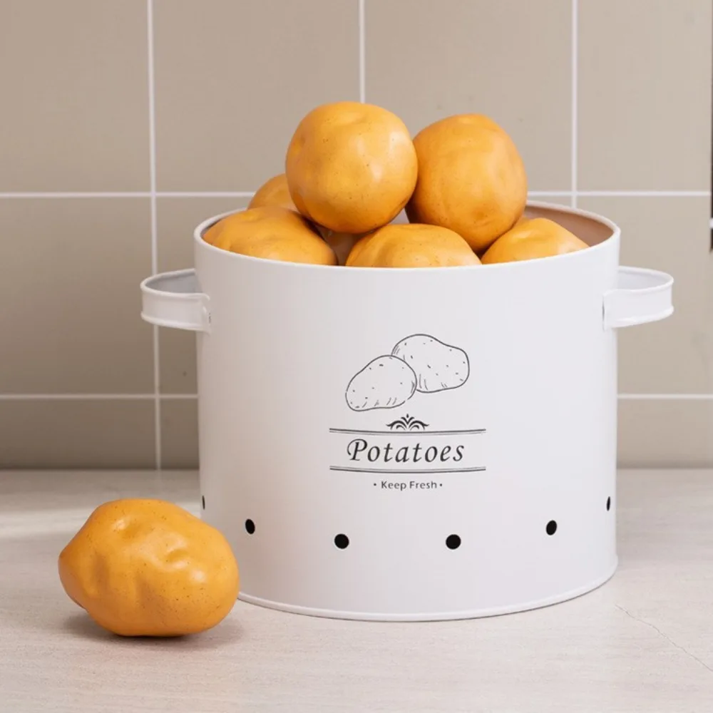 

Carbon Steel Potato Onion Garlic Storage Jar with Lid Cylindrical Garlic Keeper White Ventilation Holes Garlic Storage Bin Fruit