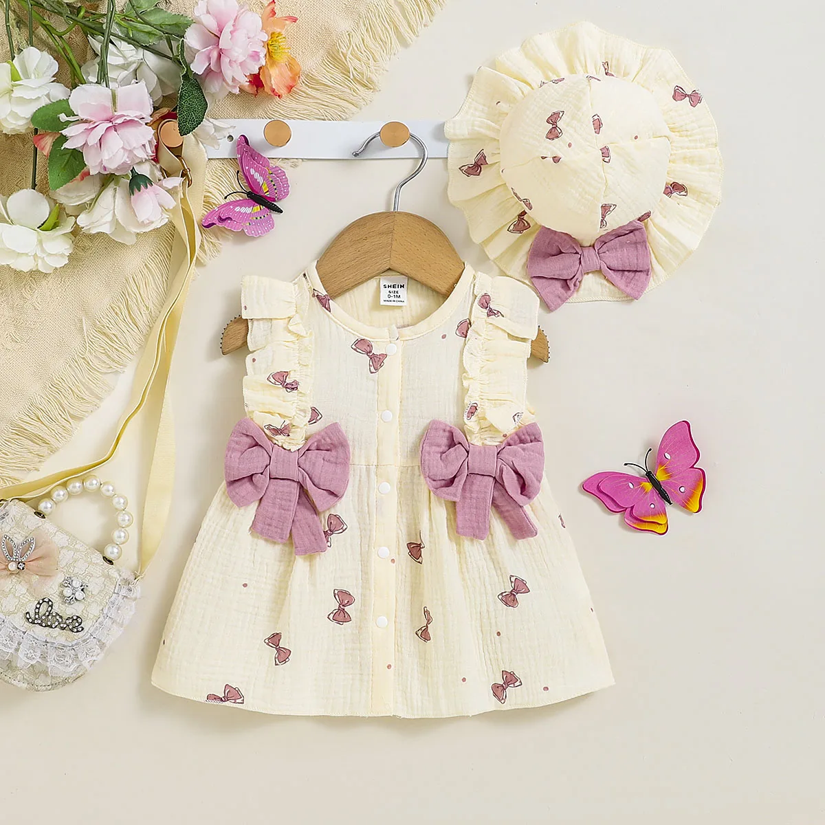 

100% Cotton Newborn Baby Girl Dresses 0-9 Months Infant Cute bow print Dress +Hat 2PCS Set Summer Sweet Outfit Baby Clothing