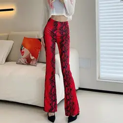 Europe America Fashion Autumn Thin Flare Pants Women Serpentine Printing Elastic High Waist Streetwear Slim Straight Trousers