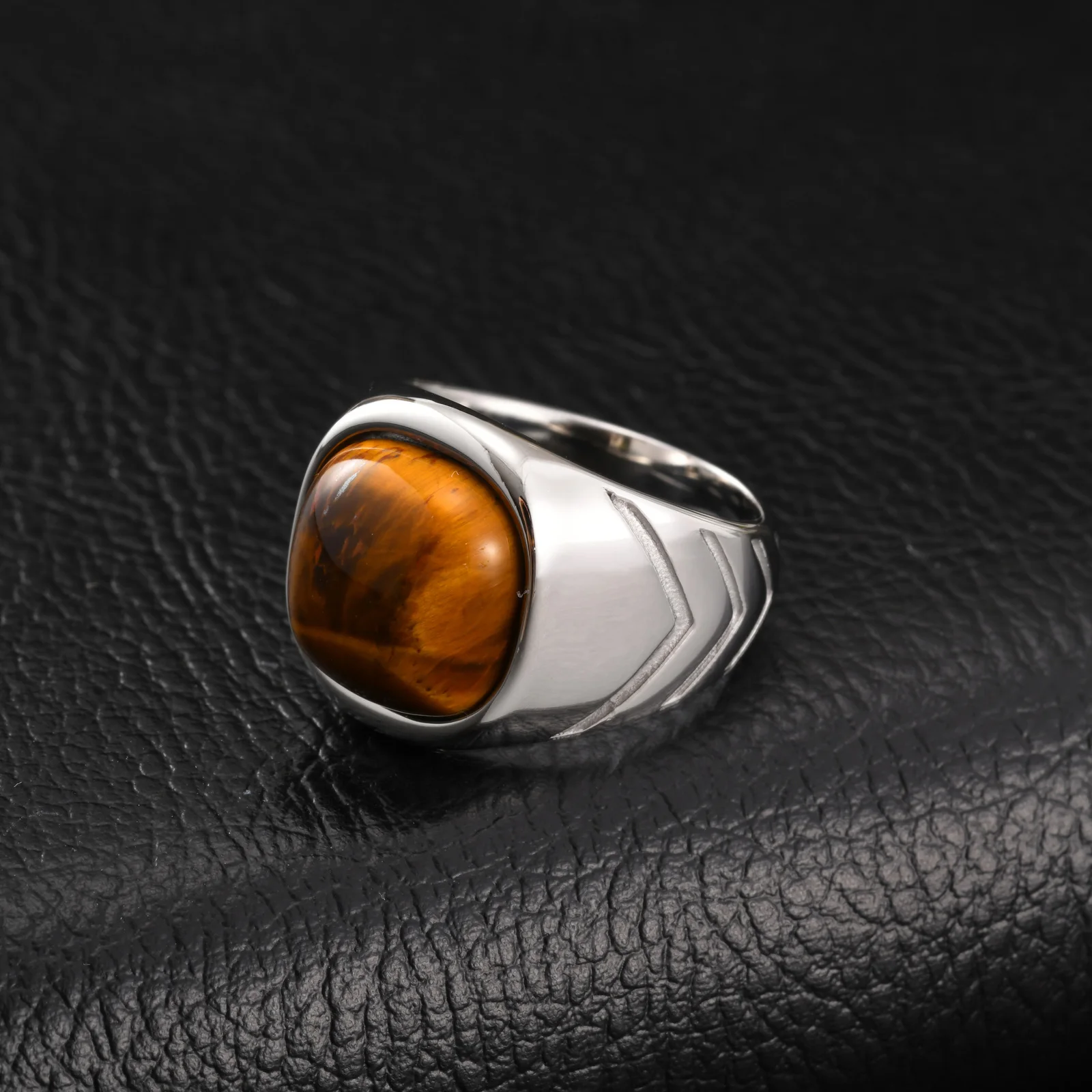 Tigerauge-Steinring für Männer und Jungen, Edelstahl-Naturstein-Quadratring, Lässiger Punk-Schmuck, Geschenk für Vater und Sohn – Detail 4
