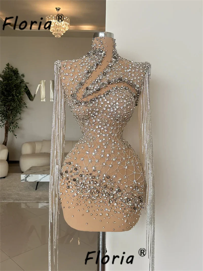 

Exquisite Fully Beads Crystal Cocktail Dress with Long Tassels Heavy Handmade Stones Couture Mini Prom Homecoming Party Dress