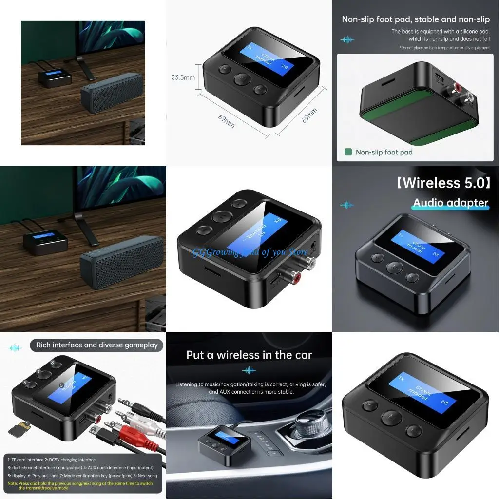 

H9EB Compactly Bluetooth-compatible 5.0RCA Receiver for Home Stereo 3.5mm Auxiliary Adapter Supports Card Play LCD Display