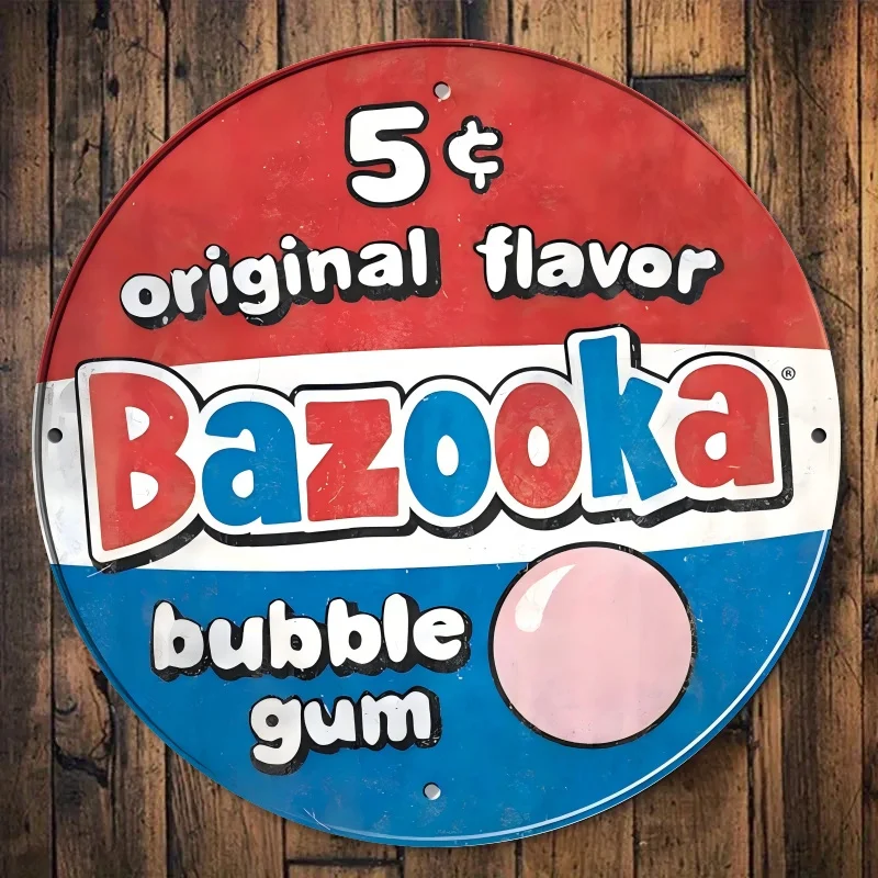 شعار Vintage Bazooka Bubble Gum - ديكور جدار حديدي مستدير 8 بوصة، نكهة أصلية، تصميم قديم، مثالي للحانات والمقاهي والنوادي، K #1