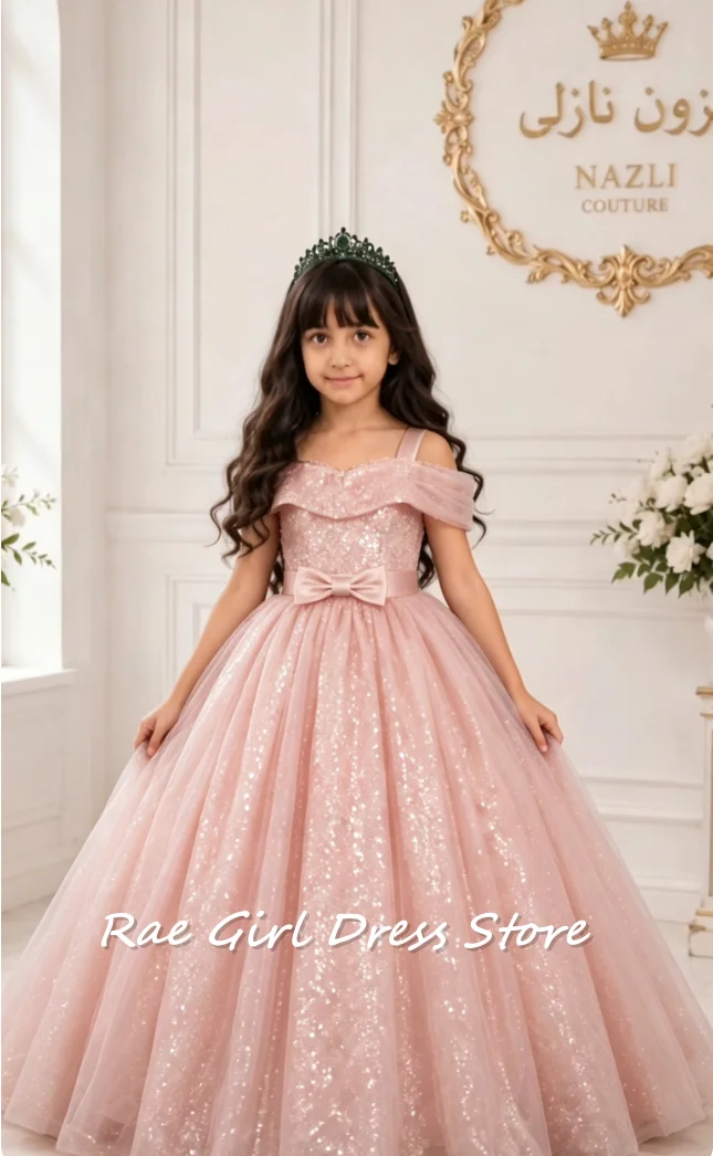 Blush Pink Off Shoulder Tulle Flower Girl Dress For Wedding Birthday Floor Length A Line Gown Glitter Sequin Waist Satin Bow