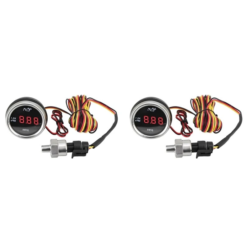 2X 0-1.0Mpa 2 Inch 52Mm Oil Pressure Gauge With Sensor 1/8NPT Red LED Digital Oil Press Meter Flashing For Car Yacht