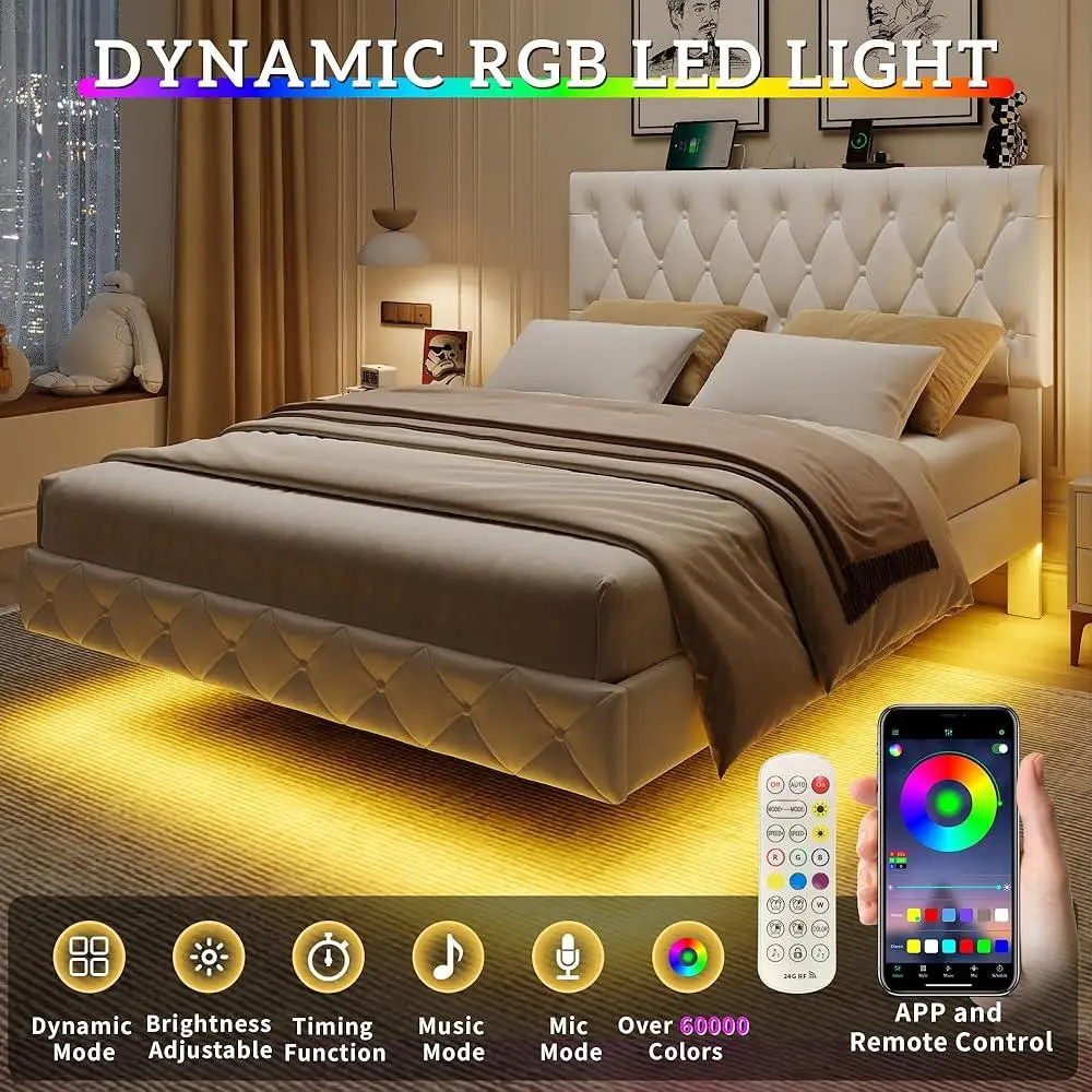 Lift Up Storage Bed Frame Queen Floating Frame Adjustable Headboard LED Lights Charging Station Outlet USB Port Velvet