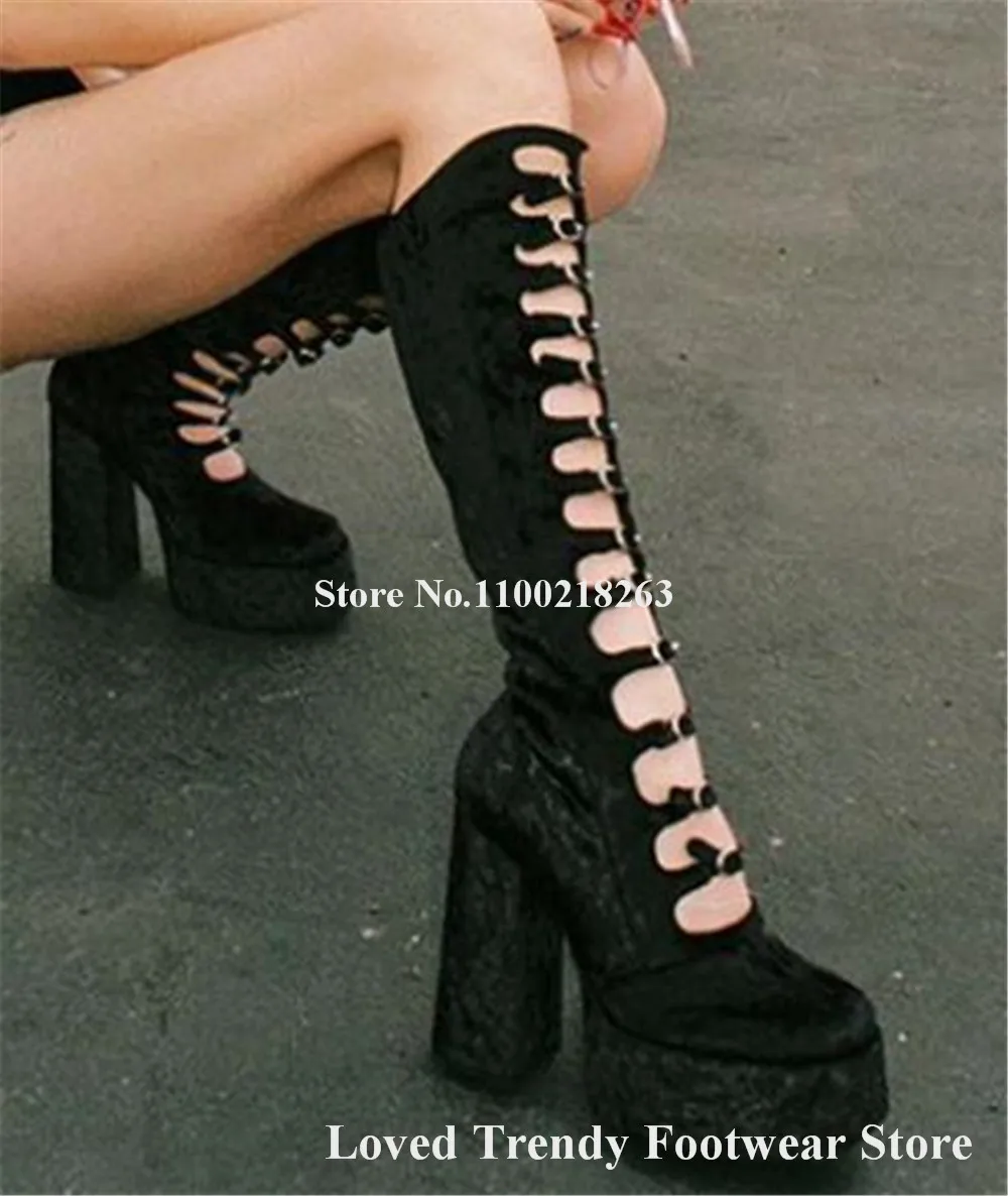 

Fashion Black Velvet Knee High Chunky Heel Boots Sexy Round Toe Cut-out Straps Buckles High Platform Thick Heel Long Boots