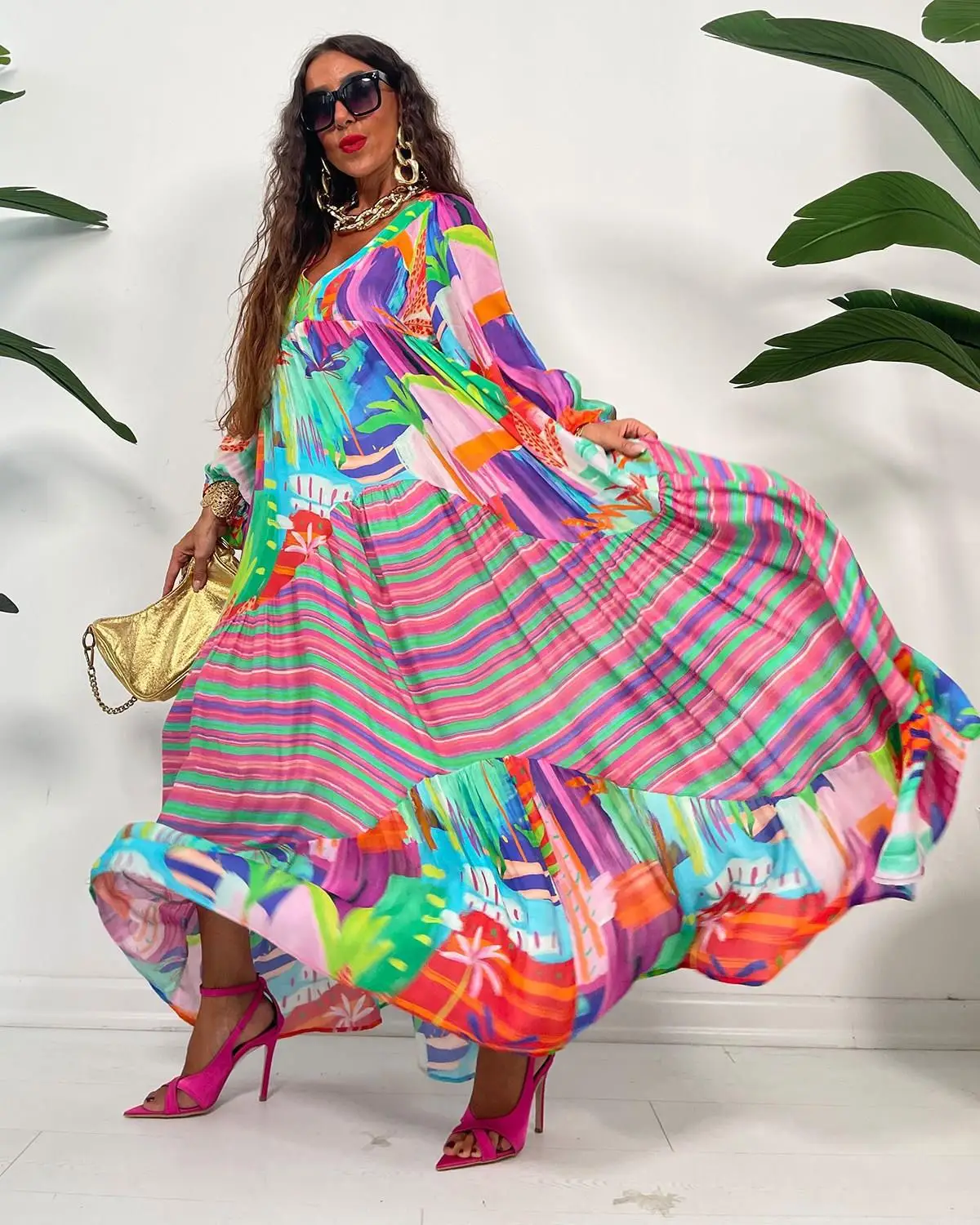 African Print Dresses for Women Summer Sexy African Long Sleeve V-neck Polyester Long Pleated Dress Maxi Dress African Dresses