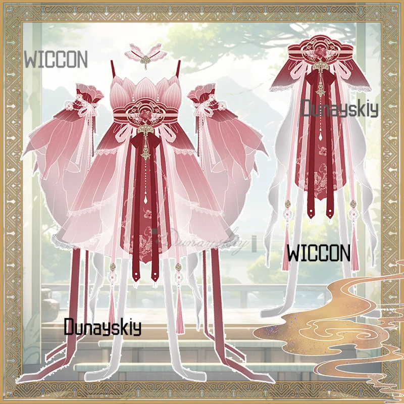 

OP Lolita Dress Hanfu Fairy Cosplay Costume Chinese Style Sweet Kawaii Cute Lace Print Ruffle Summer Suit Neck Collar Carnival