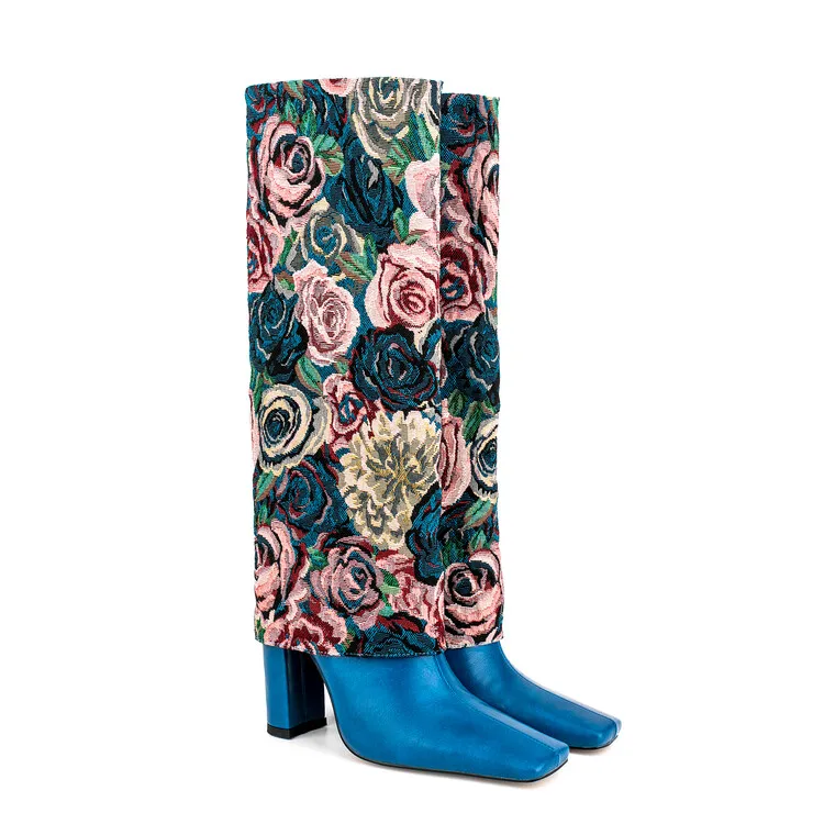 Vintage Floral Tapestry Slouch Knee High Boots Square Toe Block Heel Pull On Art Rose Print Women Fashion Statement Boots F645