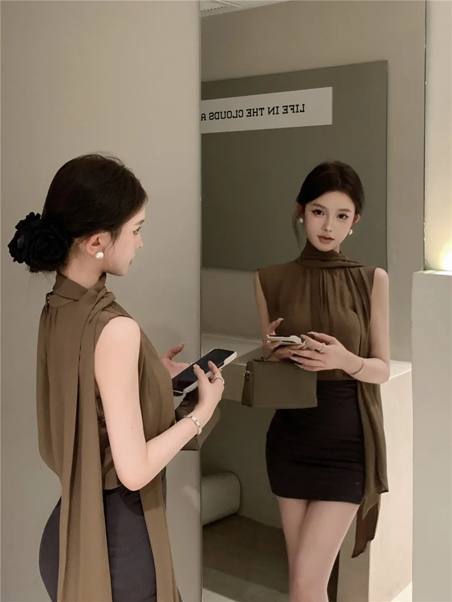 

Ретро-топ из шифона без рукавов с лентами, женская летняя майка, простая летняя рубашка, нежный стиль для повседневной носки, прямой крой