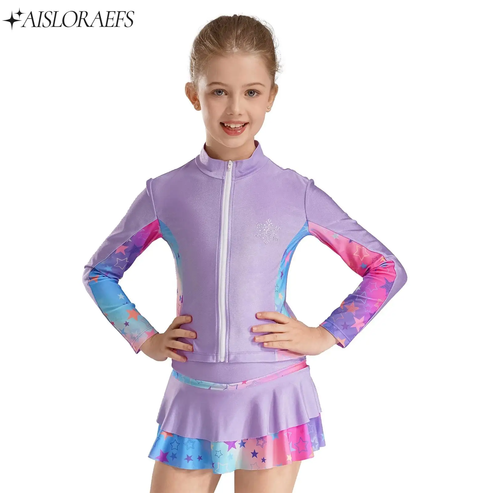 

Kids Girls Figure Skating Costumes Rhinestones Ice Skating Jacket and Skater Skirt Golf Tennis Skort Set Performance Costumes