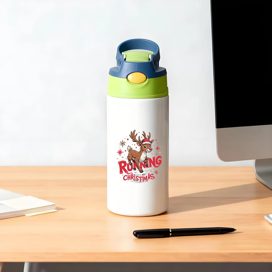 Cangkir termal baja tahan karat 304 + cangkir sedotan topi Santa rusa kartun cangkir portabel anak-anak hadiah liburan pesta Natal