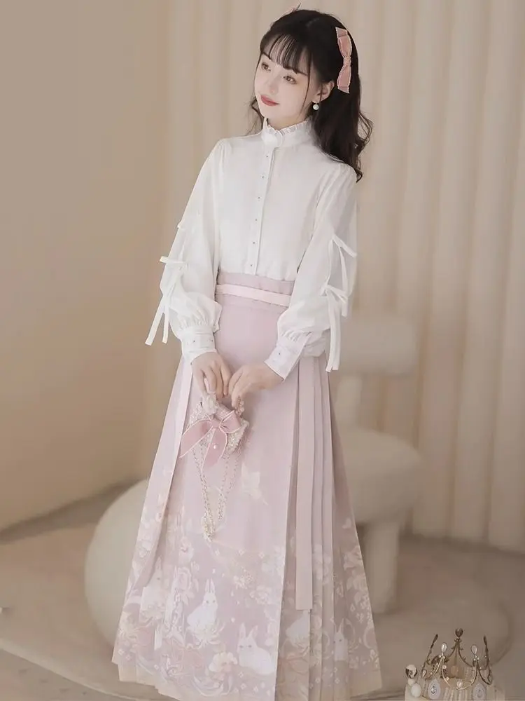 Autumn Ming Dynasty Lace Collar Long Sleeved Shirt Rabbit Printed Horse Face Skirt Women Improved Chinese Style Hanfu Dresses