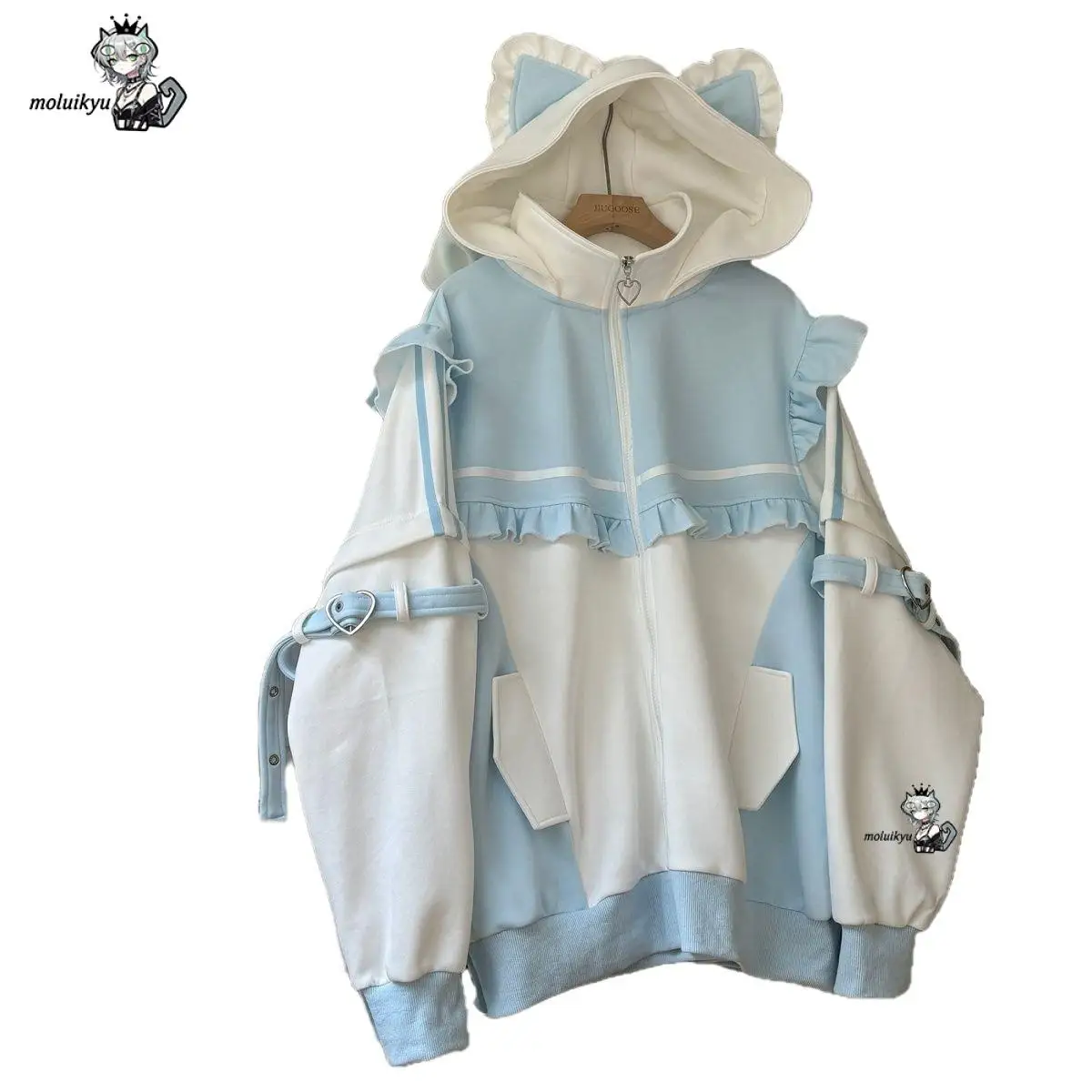 Y2K Kawaii Cat Ear Hoodie Women Pink Black Zip Up Jacket Sweet Ruffle Harajuku Streetwear Belt Girl Aesthetic Gothic Sweatshirt view 5