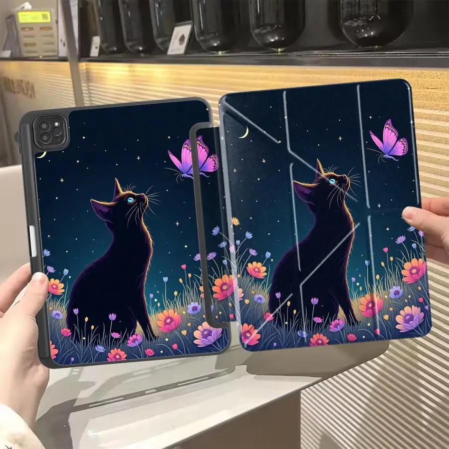 

Чехол для планшета iPad Pro 11-го, 10-го, 9-го, 8-го, 7-го поколений, 12.9 дюймов, Mini 6, 7, Pro 2025, Air 4, 5, M3, M2, 1, 2, M4, 11 дюймов, с держателем, дизайн «Ночная кошка»