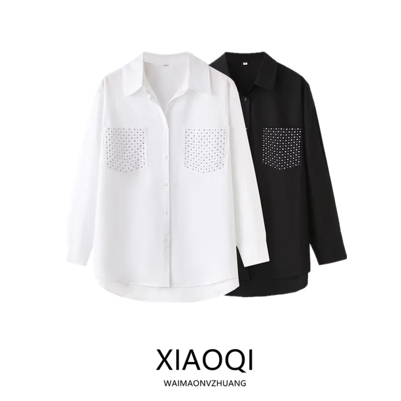 قميص حريري فضفاض للنساء صيف 2025 بتصميم عتيق مزين بالمسامير متعدد الاستخدامات بأكمام طويلة وأزرار بلون واحد #5