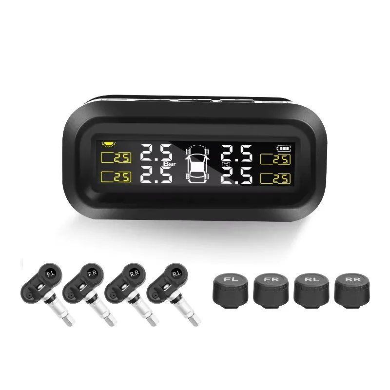 Tire Pressure Monitoring System with 4 Built-in Sensors USB/Solar TPMS LCD Display