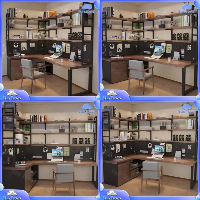 Solid Wood Corner Desk Bookshelf Integrated Long Table Workbench Study Computer Desk for Home Office for Wall Mount for Small