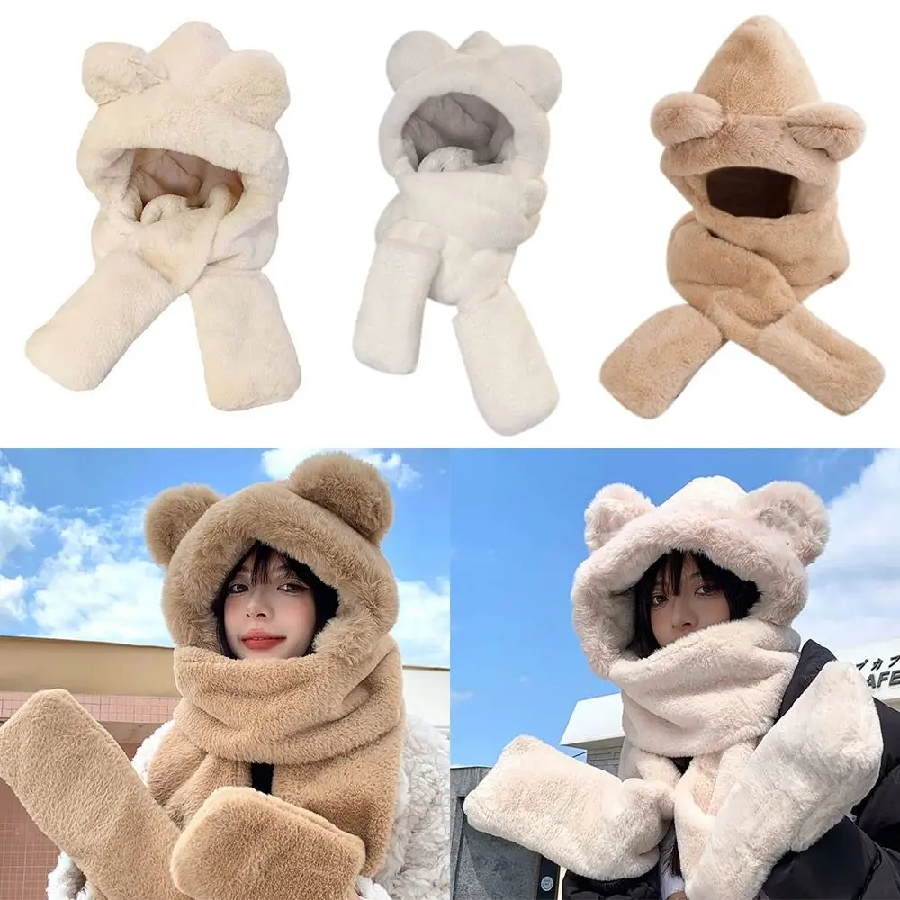 

Casual Plush Bear Ears Hat Thickened Winter Warm Integrated Cap Scarf Windproof Hat Scarf Gloves Set for Woman Girls