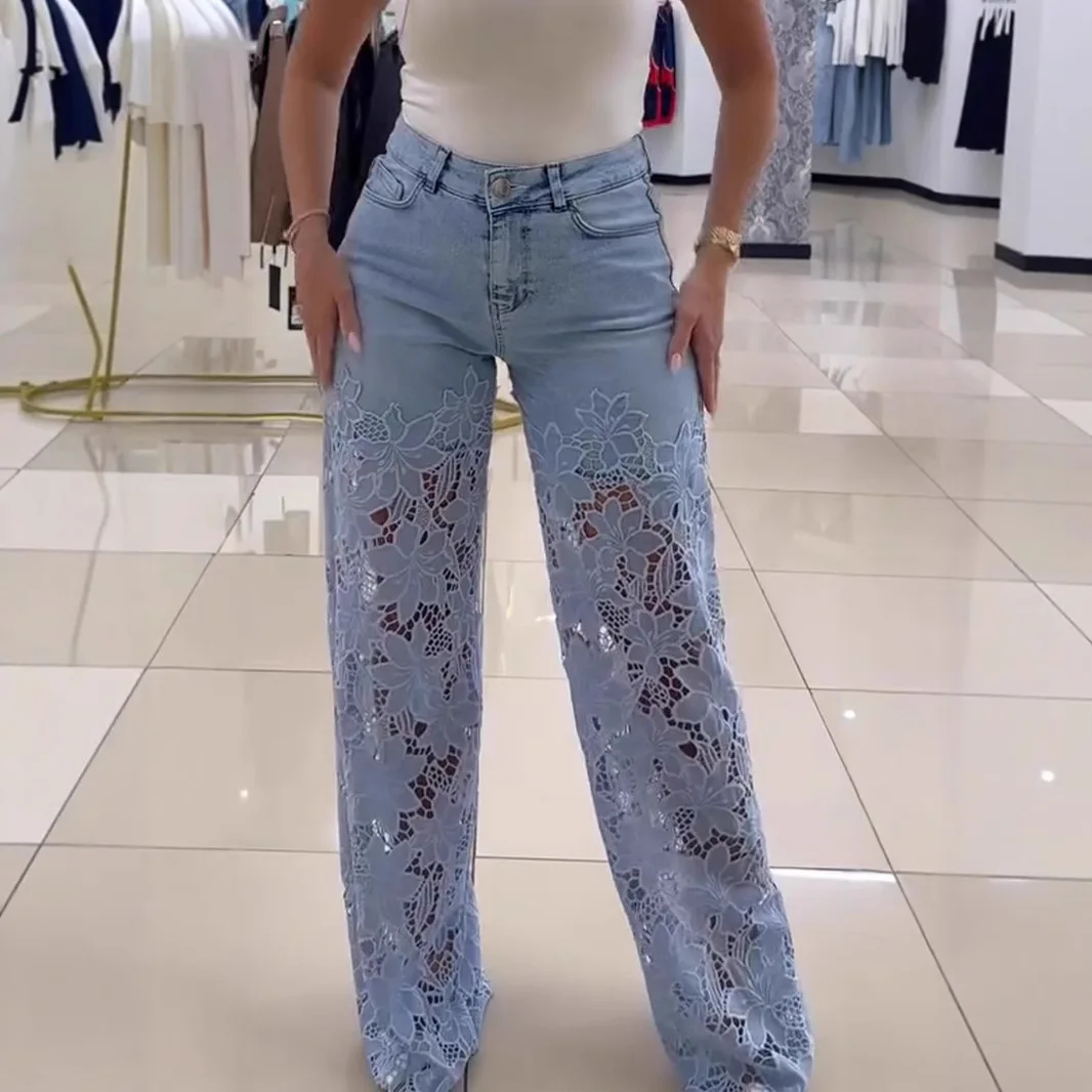 

Slim Leg Wide Pants New Lace Hollow Splicing Denim mid High Waist Cotton Jeans Commuter Style Button Closure Floral Pattern