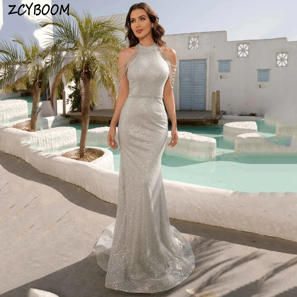 Charming O-Neck Sequin Shiny Off The Shoulder Evening Dress 2025 Mermaid Floor Length Sweep Train Custom Made Prom Dress