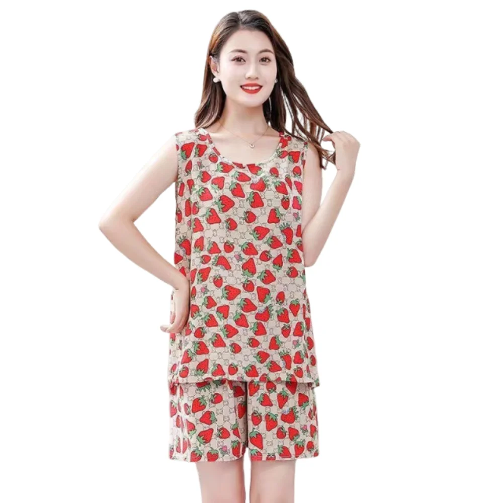 

Cute Woman's Pajamas Set Cotton Silk Floral Printed Floral Sleepwear Round Neck Lattice Two-Piece Nightwear Women's Clothing