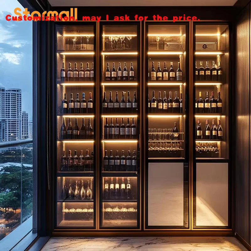 custom.Customized High-End Modern Stainless Steel Wine Cabinet Constant Temperature Humidity Display Dining Room B