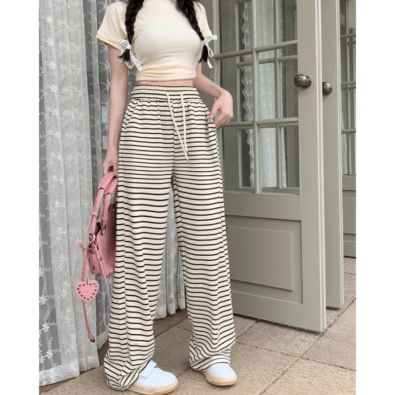 

Women's Bottoms Black Stripe Sweatpants Fashion High Waist Straight Mopping Pants Casual Baggy Wide Leg Trouser Ladies Spring