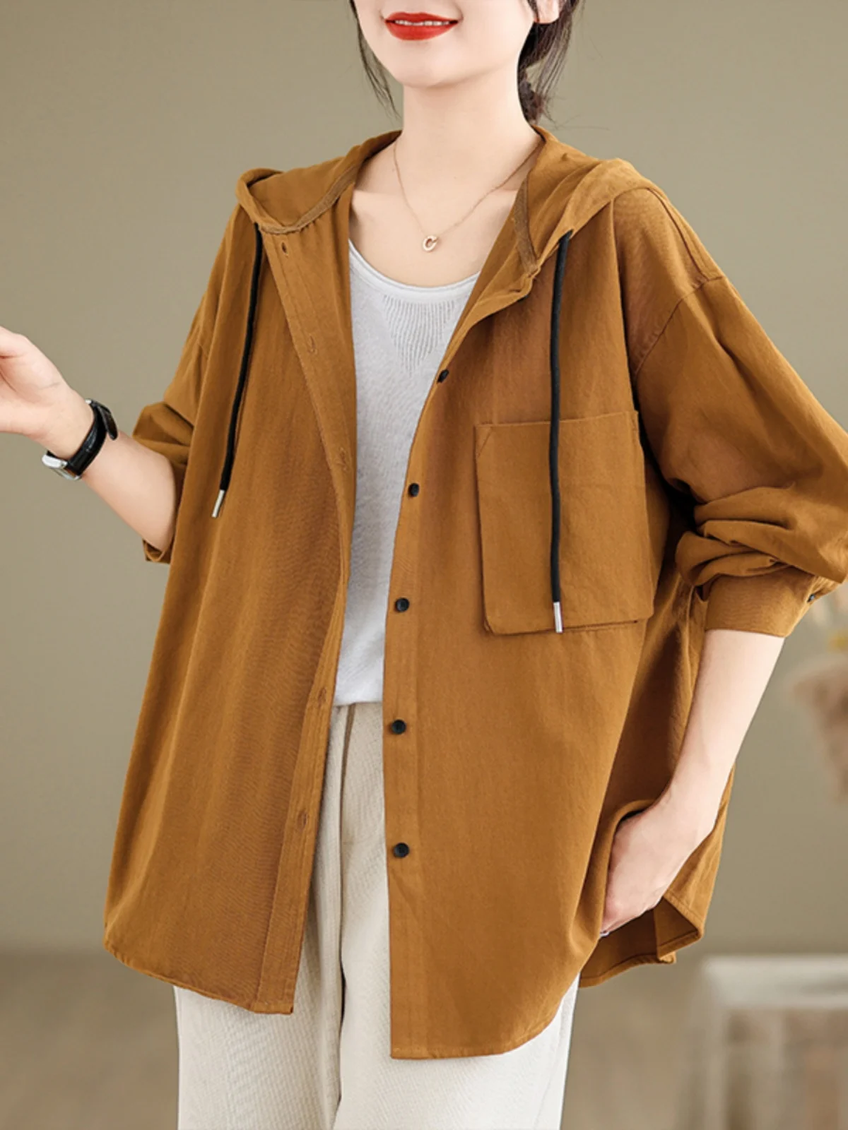 

High-End Japanese Sle Long Sve Hooded Jaet Women's Autumn Casual Loose Versatile Slimming Top Dstring