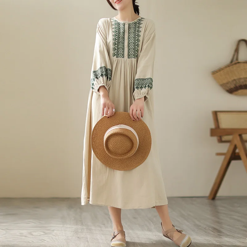 plus Size Slimming Dr Ethnic Sle Loose Lantern Sve Heavy Embroidery Cotton Linen Skirt A-Line Midi Dr Spring