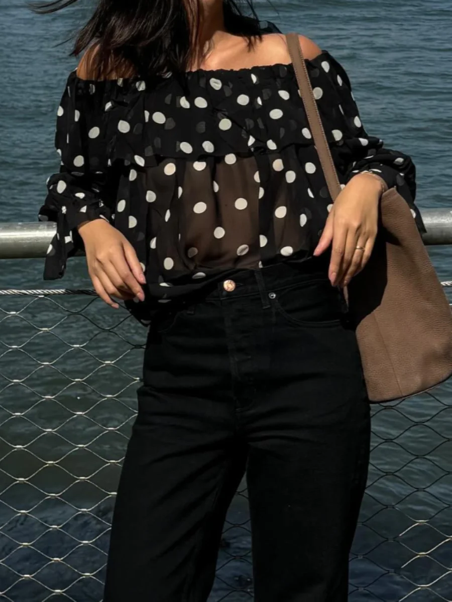 

100% Silk Women Dot Print Black Blouse 2025 New Slash Neck Petal Sleeve Fashion Ladies Shirt
