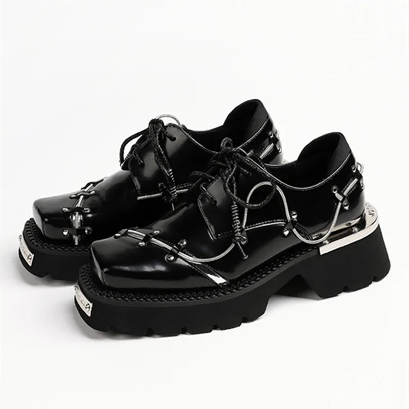 

Luxury Metal Chain Decoration Chunky Heel Shoes Women High Quality Patent Leather Black Lace Up Loafers Punk Style Autumn Shoes