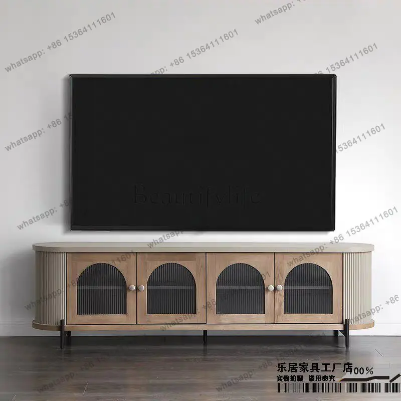 LS French retro solid wood TV cabinet, living room storage, floor-to-ceiling door contrasting color audio-visual cabinet