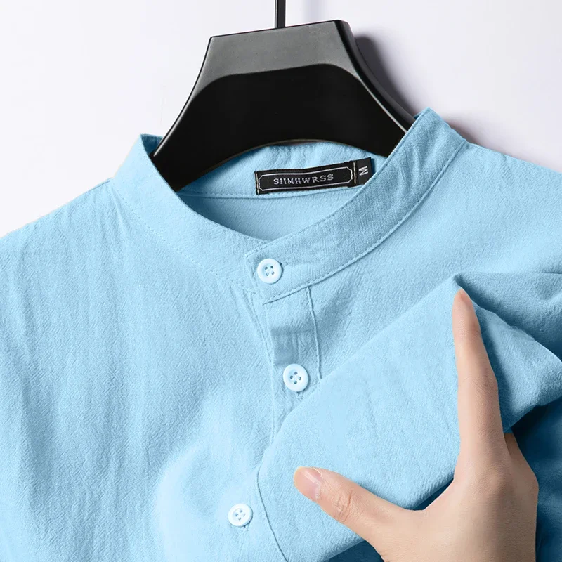 New Linen Cotton Shirts for Men Lightweight Long Sleeve Henley Beach Breathable Shirt